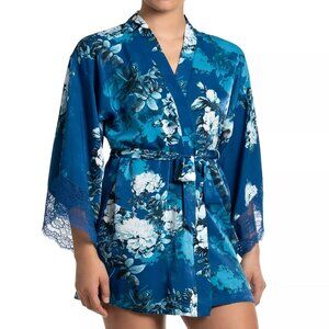 58$ In Bloom by Jonquil Floral Self-Tie Belt Satin Robe Women's Size M Eve Blue